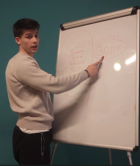 Martin at a whiteboard, pointing at the word Body
